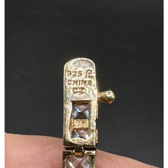 Tennis Bracelet Gold Tone 925 Box Chain Cubic Zirconia Signed R 7 1/2" - Picture 7 of 8